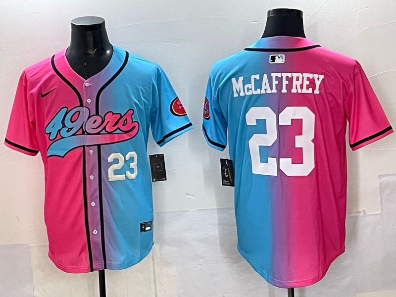 Men 2025 San Francisco 49ers 23 Mccaffrey Blue pink Nike Limited NFL Jersey style 03